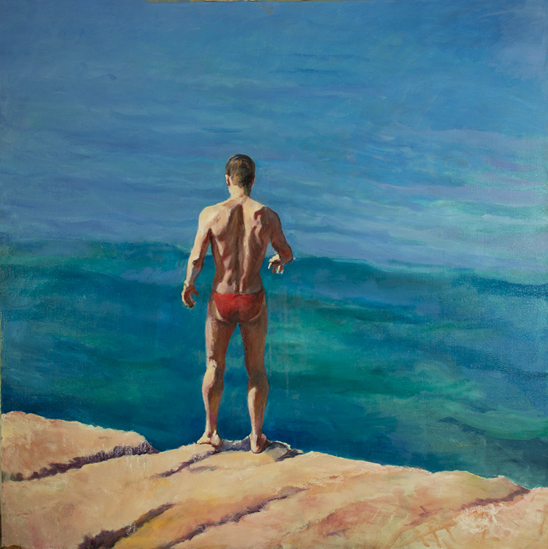 Painting of a man on a cliff edge looking at the sea